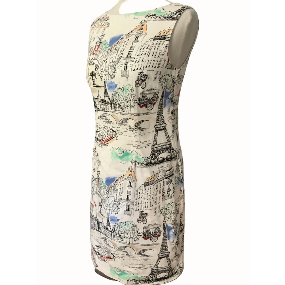 NorthStyle Womens White Sleeveless Parisian Cityscape Print Mini Sheath Dress 4